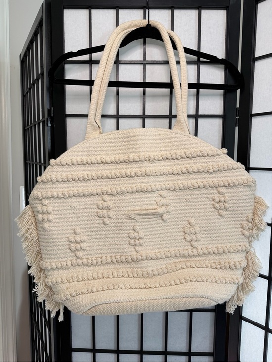 Shade & Shore Handbags - Shade & Shore Cream Woven Fringe Large Tote Bag